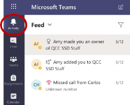 Activity feed button is highlighted  with information showing of calls and changes made by users.