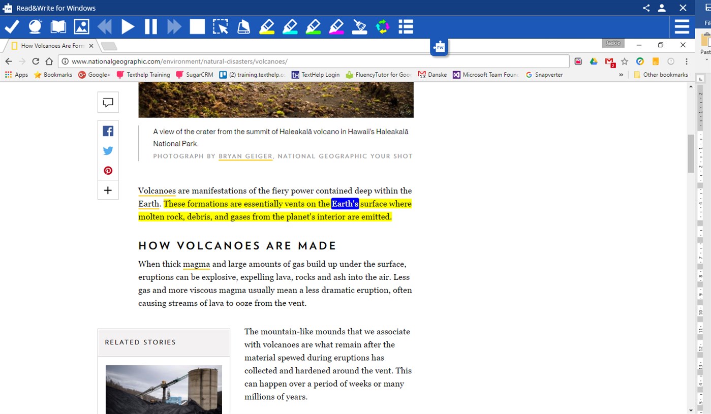 Read and Write Gold Toolbar hovering over a browser as it reads and highlights text on a website.